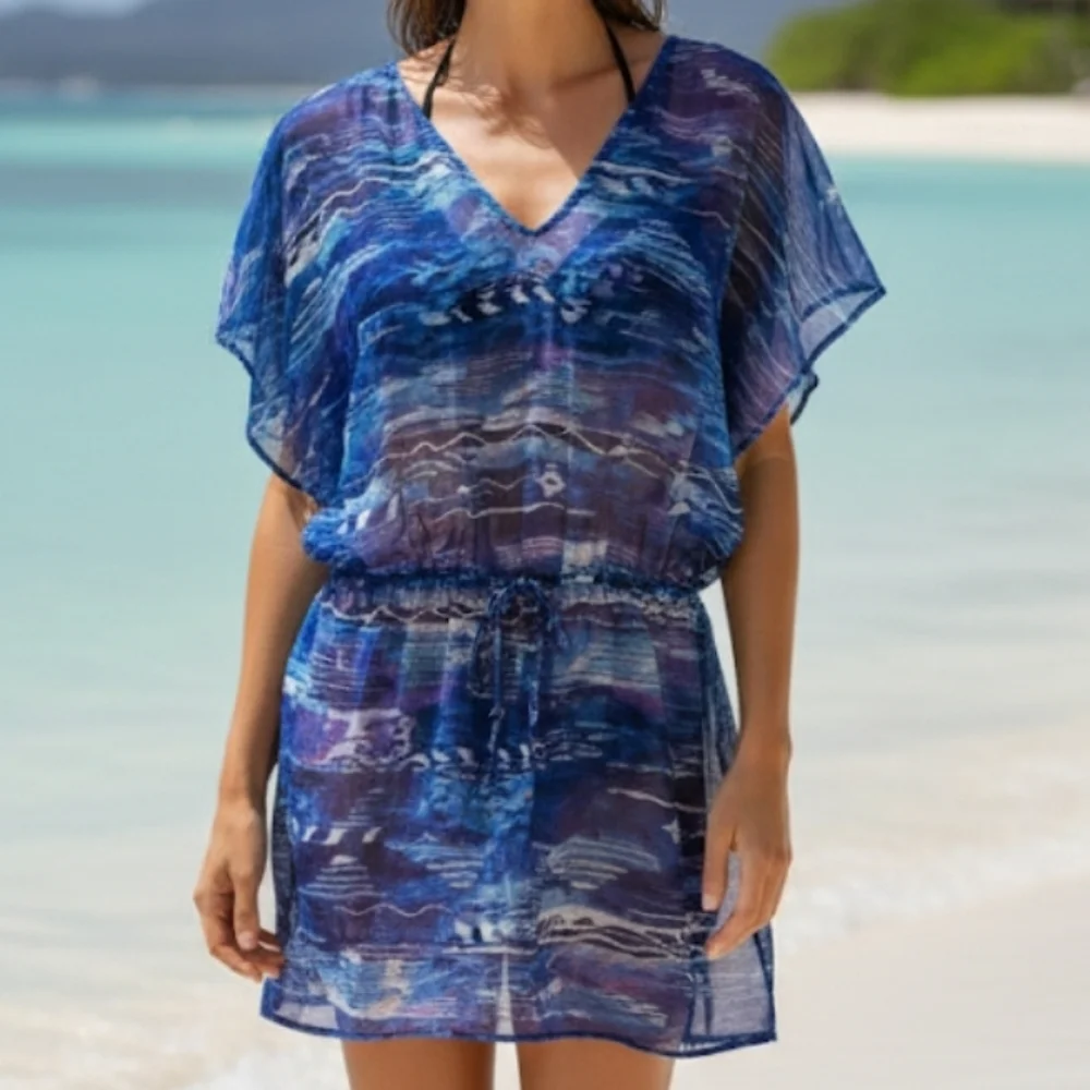 LAUREN RALPH LAUREN Calypso Ikat Blue Print Semi Sheer Swim CoverUp Mini Dress M - Picture 1 of 9
